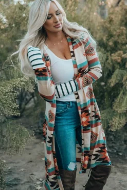 New Dear-Lover Geometric Color Block Open Front Long Cardigan Multicolor
