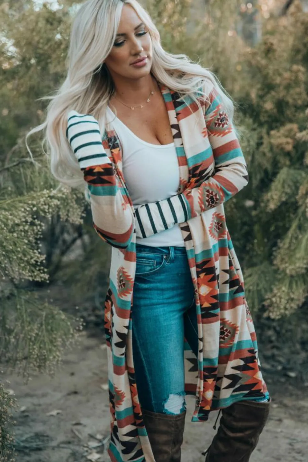 New Dear-Lover Geometric Color Block Open Front Long Cardigan Multicolor
