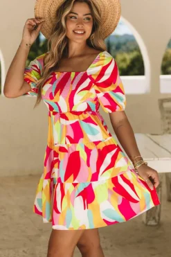 New Dear-Lover Geometric Print Smocked Babydoll Mini Dress Multicolor