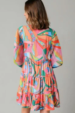 Sale Dear-Lover Geometric Print Split Neck Ruffle Tiered Mini Dress Multicolor