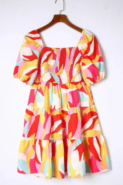 New Dear-Lover Geometric Print Smocked Babydoll Mini Dress Multicolor