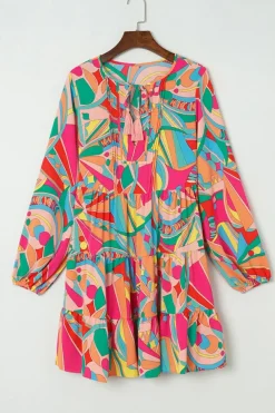 Sale Dear-Lover Geometric Print Split Neck Ruffle Tiered Mini Dress Multicolor