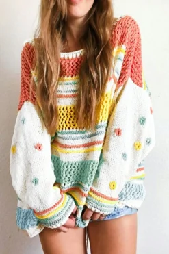 New Dear-Lover Hollow Striped Knit Contrast Sleeve Sweater Multicolor