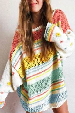 New Dear-Lover Hollow Striped Knit Contrast Sleeve Sweater Multicolor