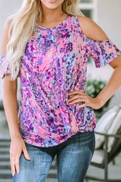 Clearance Dear-Lover Lavender Floral Print Cold Shoulder Blouse Multicolor