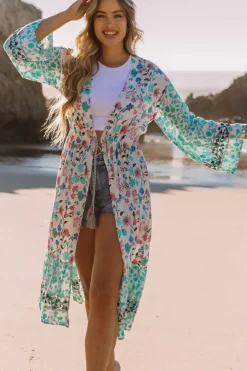 New Dear-Lover Long Sleeve Tassel Tie Floral Kimono Multicolor