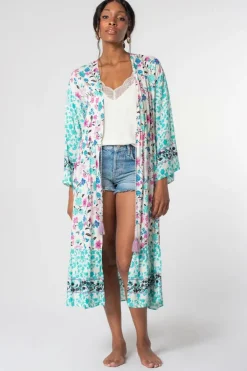 New Dear-Lover Long Sleeve Tassel Tie Floral Kimono Multicolor