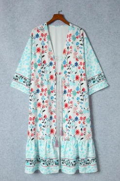 New Dear-Lover Long Sleeve Tassel Tie Floral Kimono Multicolor