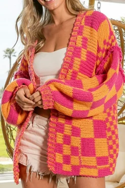New Dear-Lover Open Front Mixed Checkered Pattern Knit Cardigan Multicolor