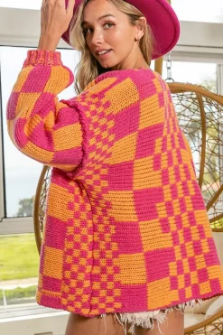 New Dear-Lover Open Front Mixed Checkered Pattern Knit Cardigan Multicolor