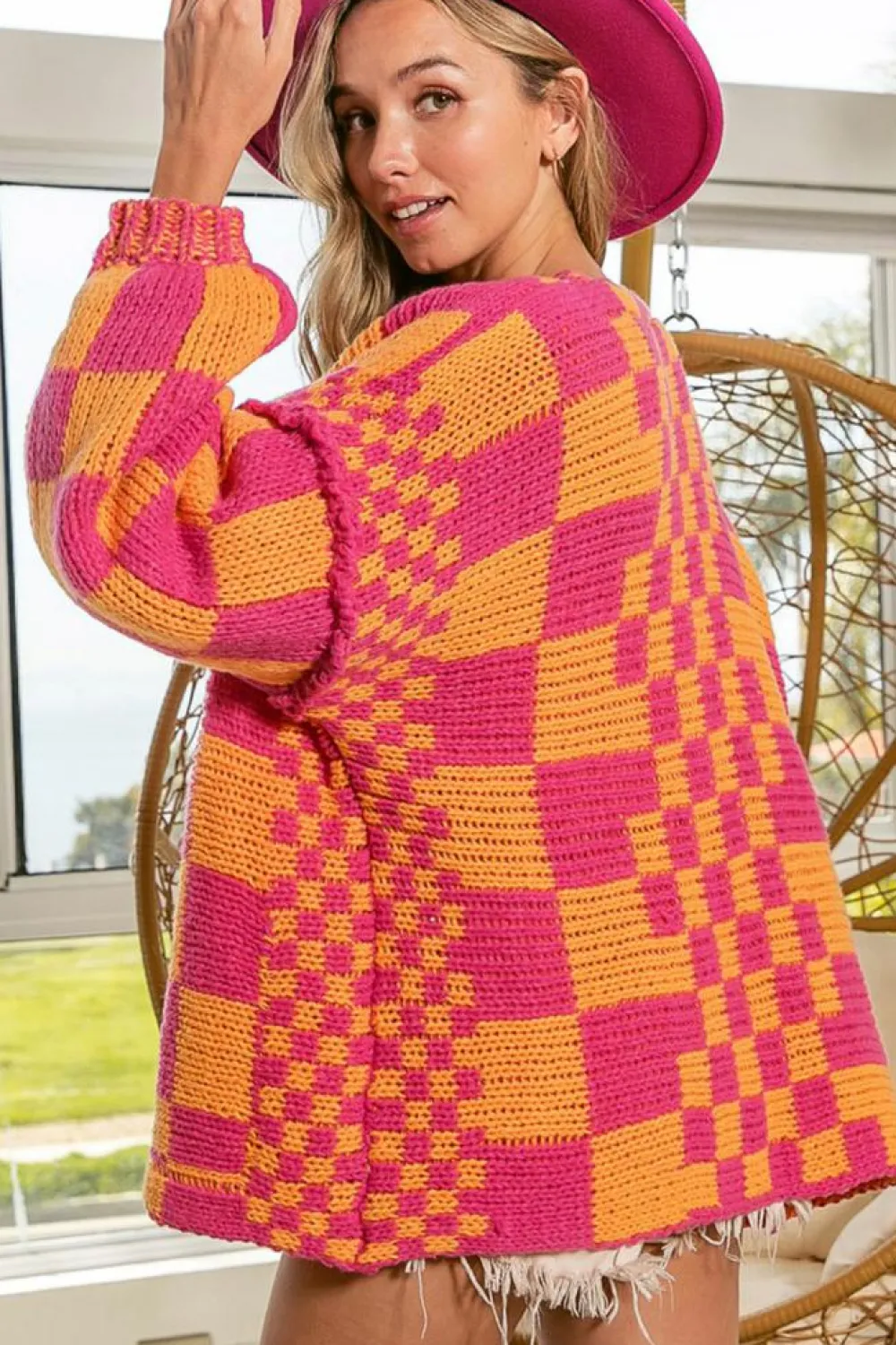 New Dear-Lover Open Front Mixed Checkered Pattern Knit Cardigan Multicolor