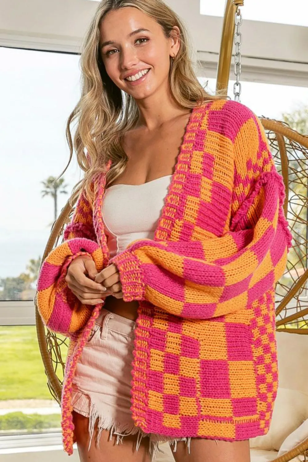 New Dear-Lover Open Front Mixed Checkered Pattern Knit Cardigan Multicolor