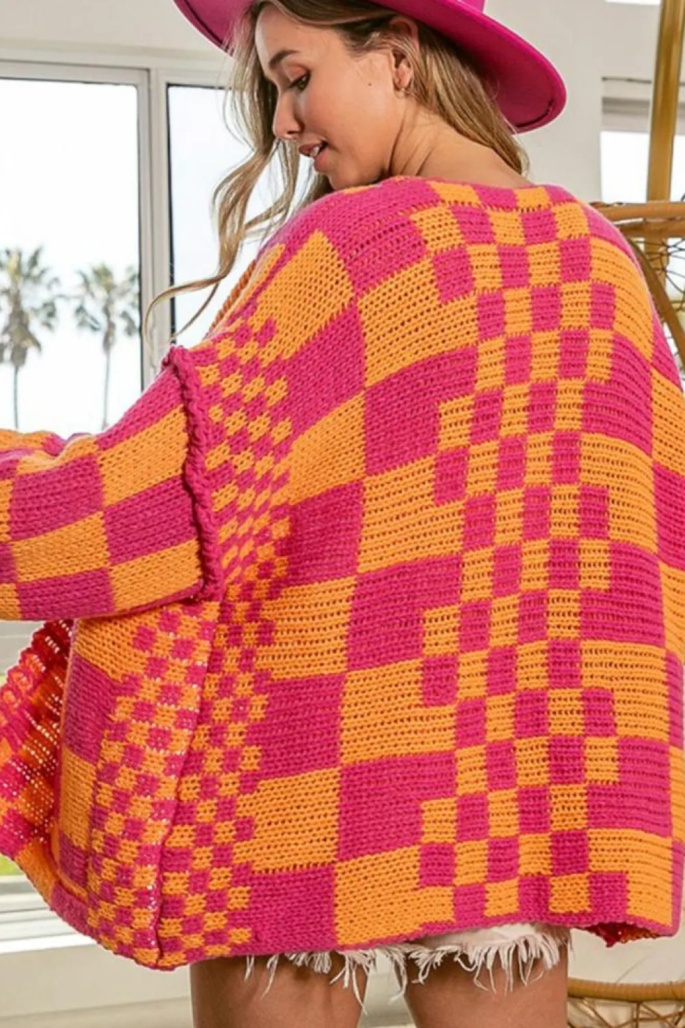 New Dear-Lover Open Front Mixed Checkered Pattern Knit Cardigan Multicolor