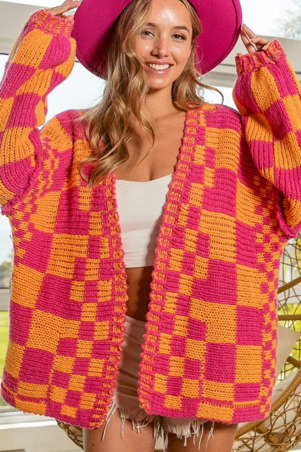 New Dear-Lover Open Front Mixed Checkered Pattern Knit Cardigan Multicolor