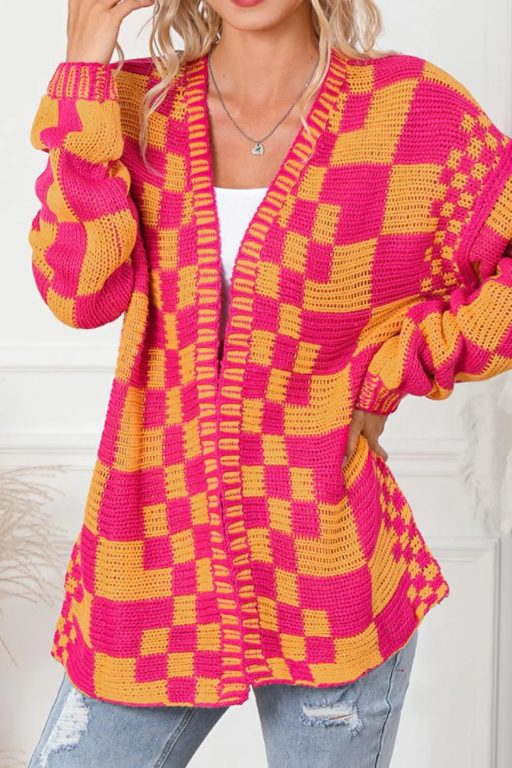 New Dear-Lover Open Front Mixed Checkered Pattern Knit Cardigan Multicolor