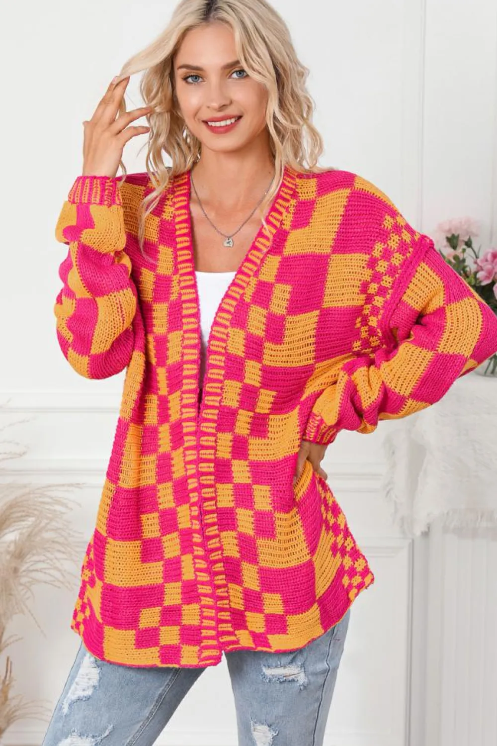 New Dear-Lover Open Front Mixed Checkered Pattern Knit Cardigan Multicolor