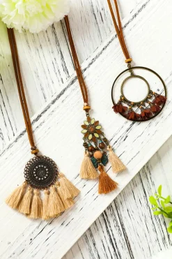 New Dear-Lover 3pcs Bohemian Retro Tasseled Pendant Necklace Multicolor