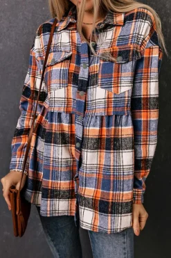 Sale Dear-Lover Plaid Button Down Ruffled Shirt Jacket Multicolor