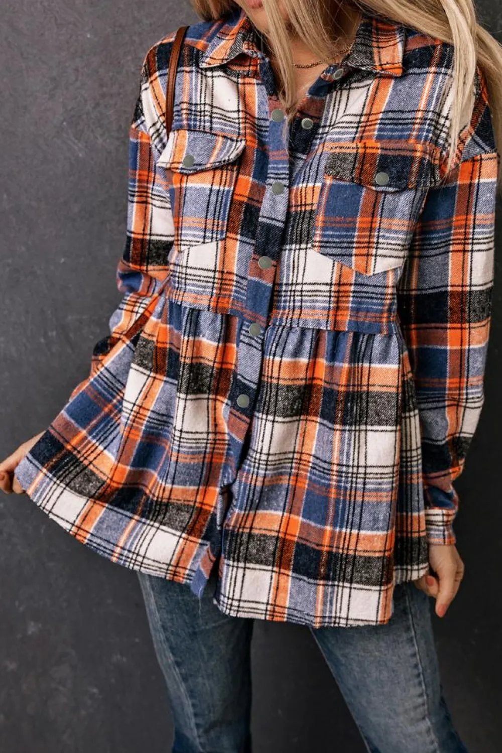 Sale Dear-Lover Plaid Button Down Ruffled Shirt Jacket Multicolor