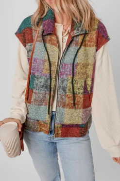 Hot Dear-Lover Plaid Print Side Pockets Zipped Loose Vest Multicolor