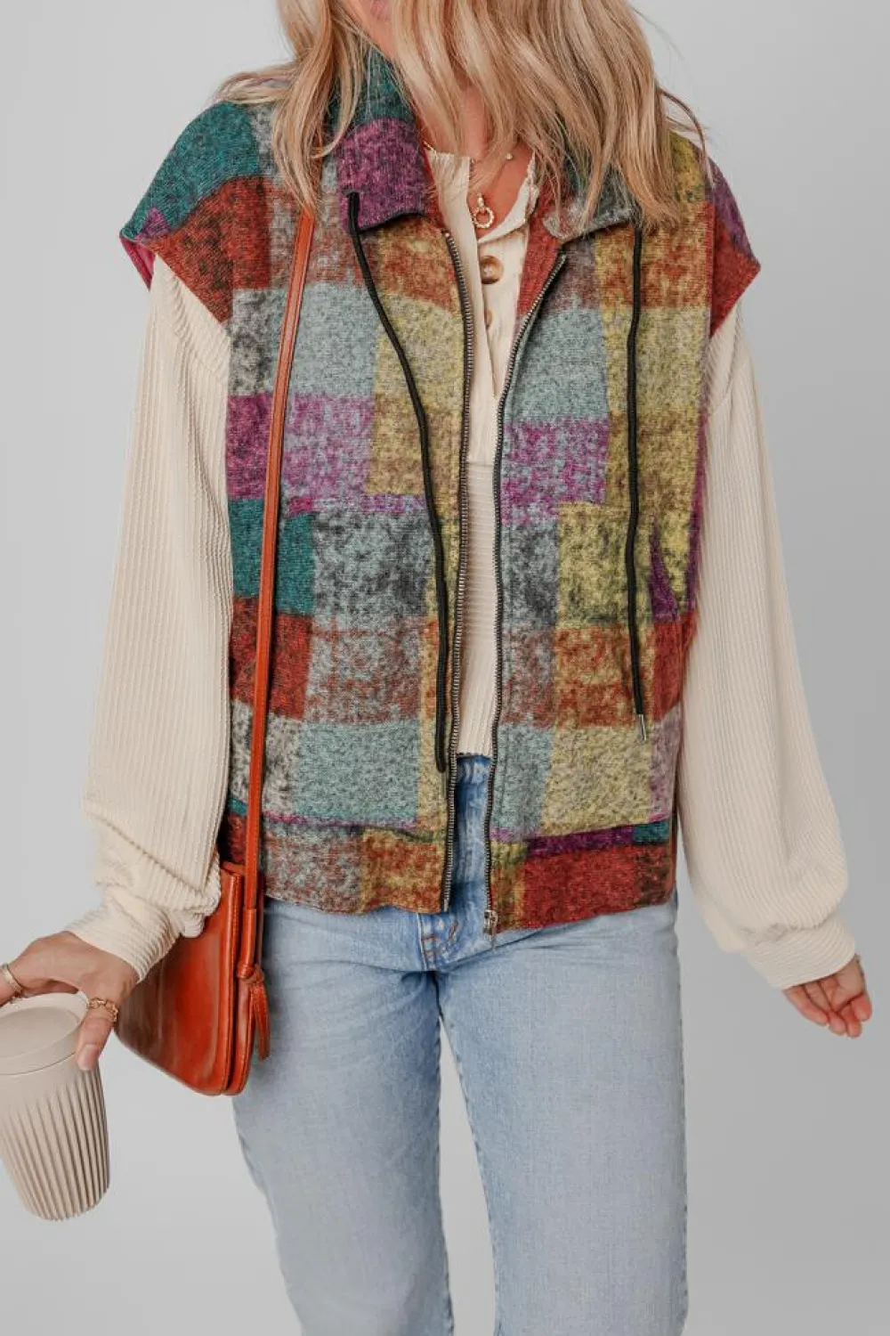Hot Dear-Lover Plaid Print Side Pockets Zipped Loose Vest Multicolor
