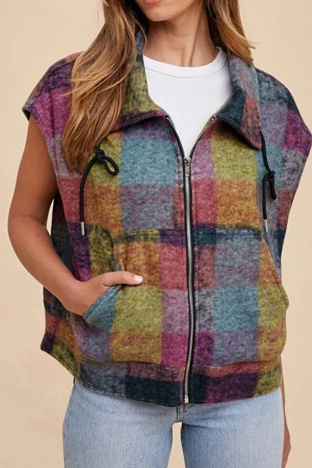 Hot Dear-Lover Plaid Print Side Pockets Zipped Loose Vest Multicolor