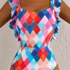 Discount Dear-Lover Plaid Print Square Neck Frill Sleeveless Backless One-piece Swimwear Multicolor