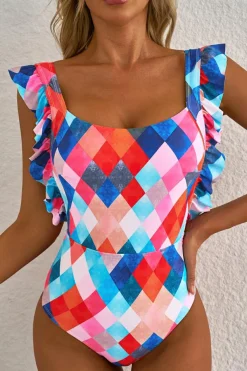 Discount Dear-Lover Plaid Print Square Neck Frill Sleeveless Backless One-piece Swimwear Multicolor
