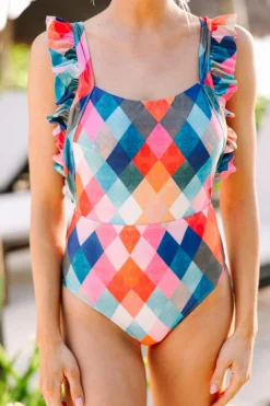 Discount Dear-Lover Plaid Print Square Neck Frill Sleeveless Backless One-piece Swimwear Multicolor
