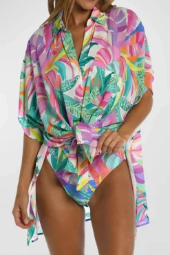 New Dear-Lover Plant Print Button-up Half Sleeve Beach Cover Up Multicolor