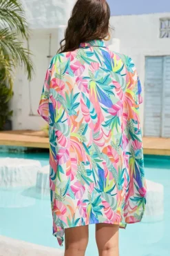 New Dear-Lover Plant Print Button-up Half Sleeve Beach Cover Up Multicolor