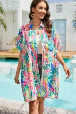 New Dear-Lover Plant Print Button-up Half Sleeve Beach Cover Up Multicolor
