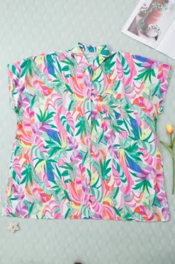 New Dear-Lover Plant Print Button-up Half Sleeve Beach Cover Up Multicolor