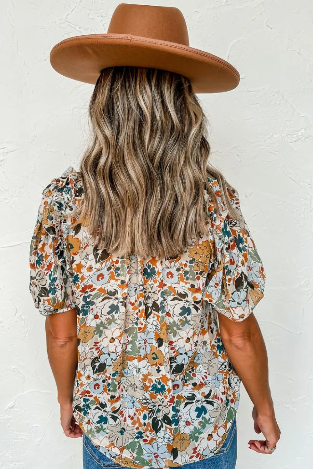 Best Dear-Lover Split V Neck Puff Sleeve Flower Print Blouse Multicolor