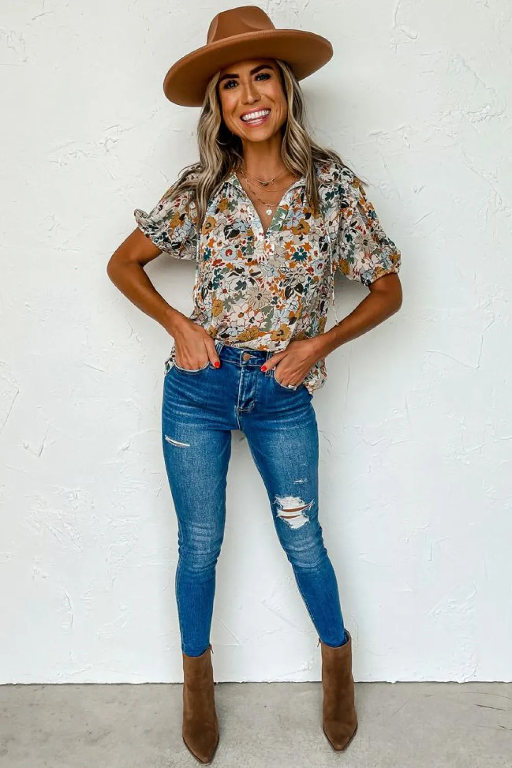 Best Dear-Lover Split V Neck Puff Sleeve Flower Print Blouse Multicolor