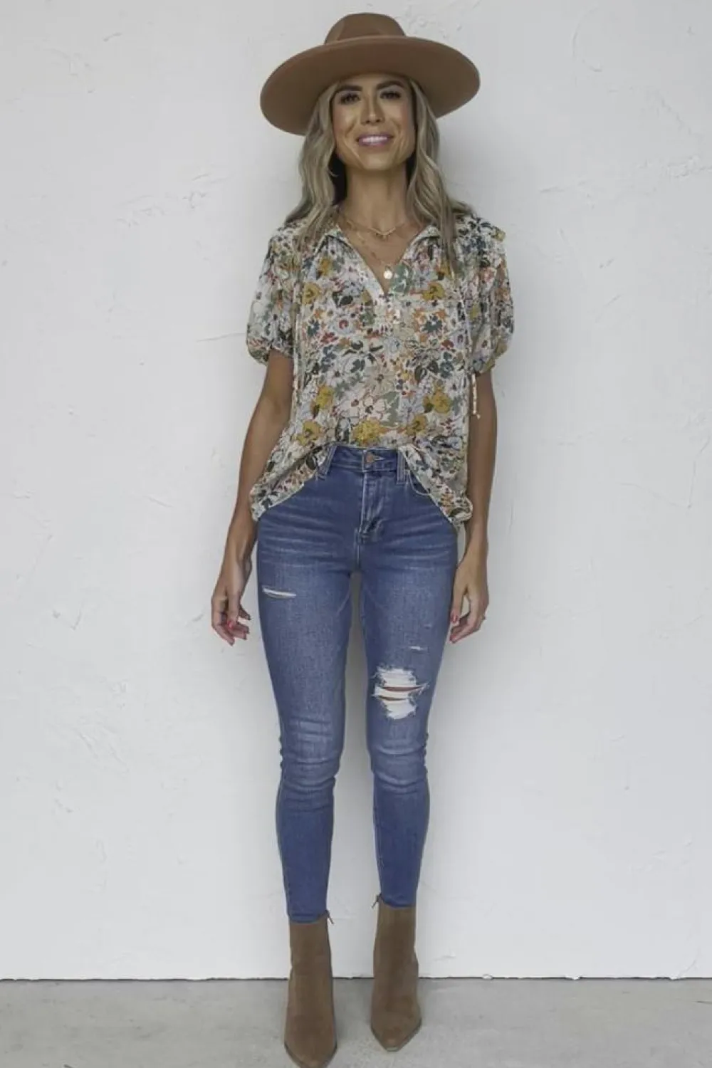 Best Dear-Lover Split V Neck Puff Sleeve Flower Print Blouse Multicolor
