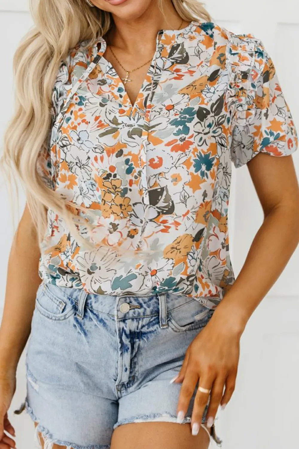 Best Dear-Lover Split V Neck Puff Sleeve Flower Print Blouse Multicolor