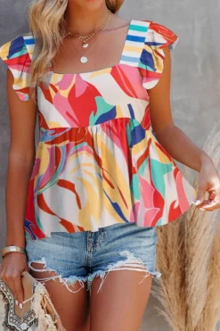 Best Dear-Lover Square Neck Abstract Print Tank Top Multicolor