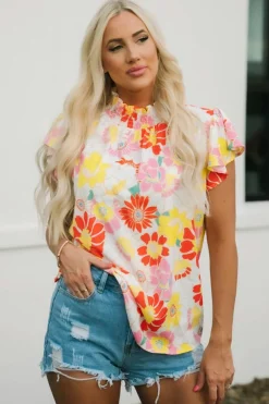 Sale Dear-Lover Stand Collar Flutter Sleeves Floral Top Multicolor
