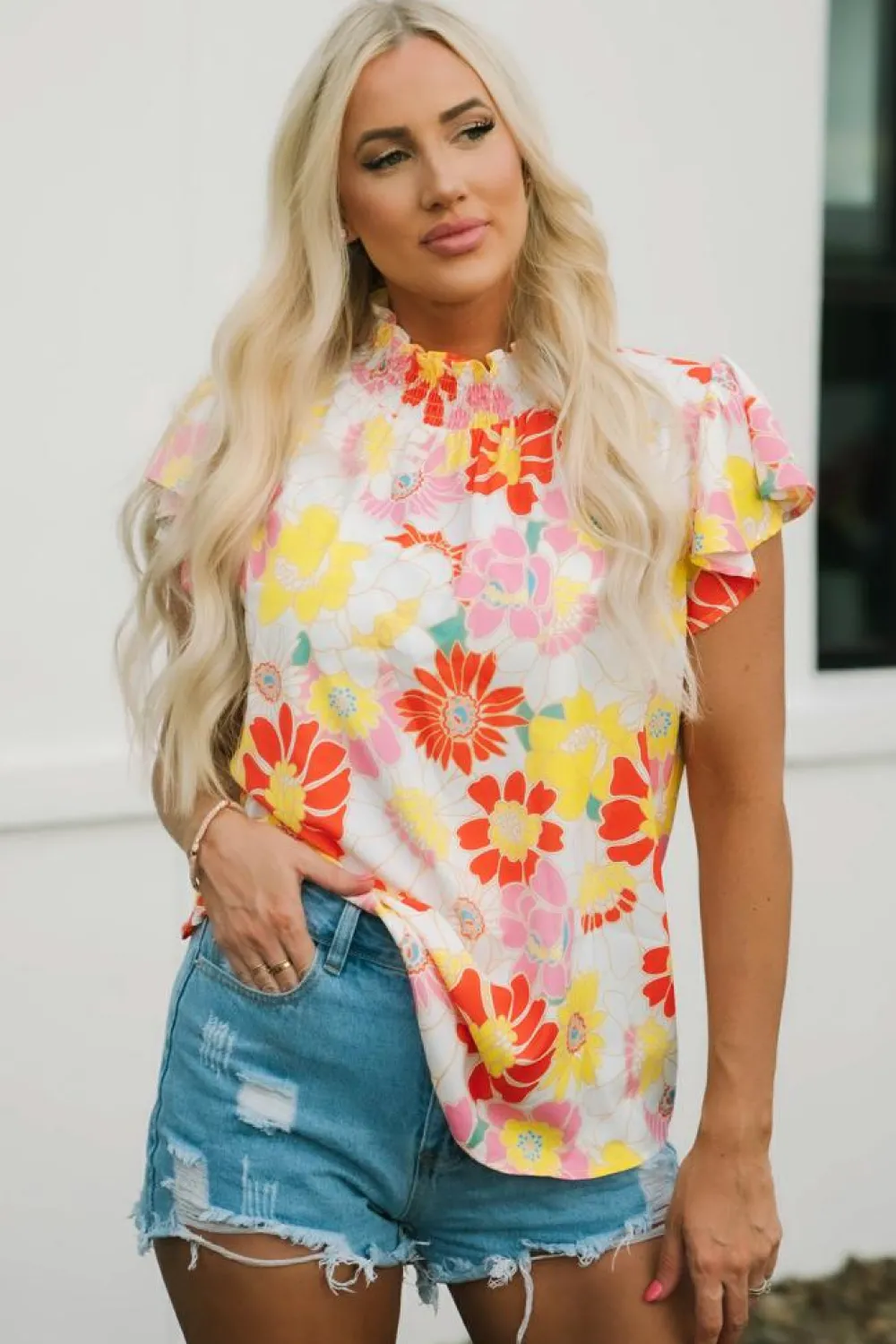 Sale Dear-Lover Stand Collar Flutter Sleeves Floral Top Multicolor