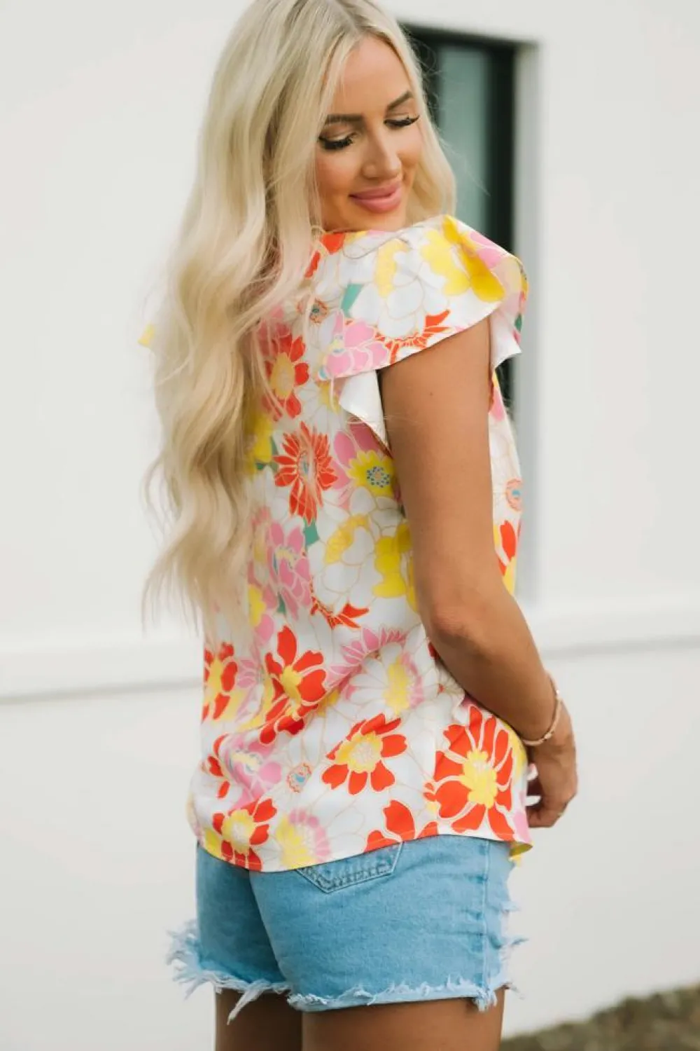 Sale Dear-Lover Stand Collar Flutter Sleeves Floral Top Multicolor