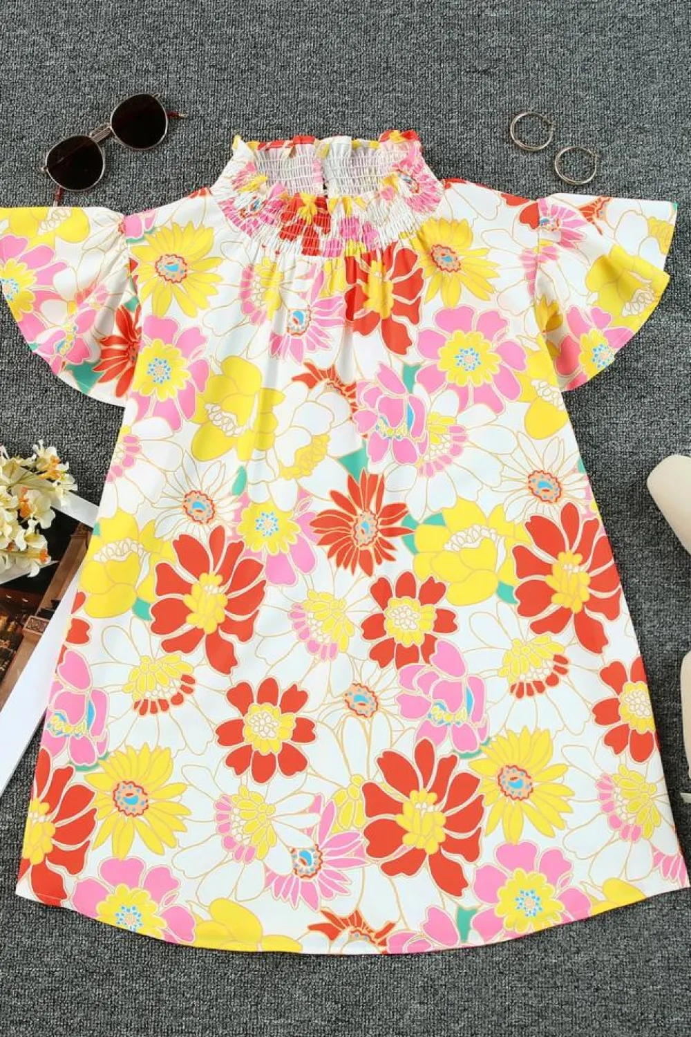 Sale Dear-Lover Stand Collar Flutter Sleeves Floral Top Multicolor
