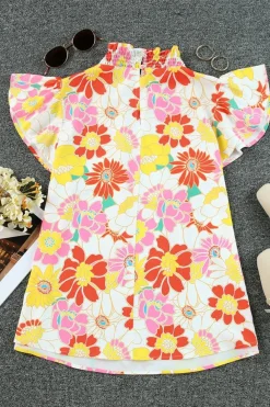 Sale Dear-Lover Stand Collar Flutter Sleeves Floral Top Multicolor