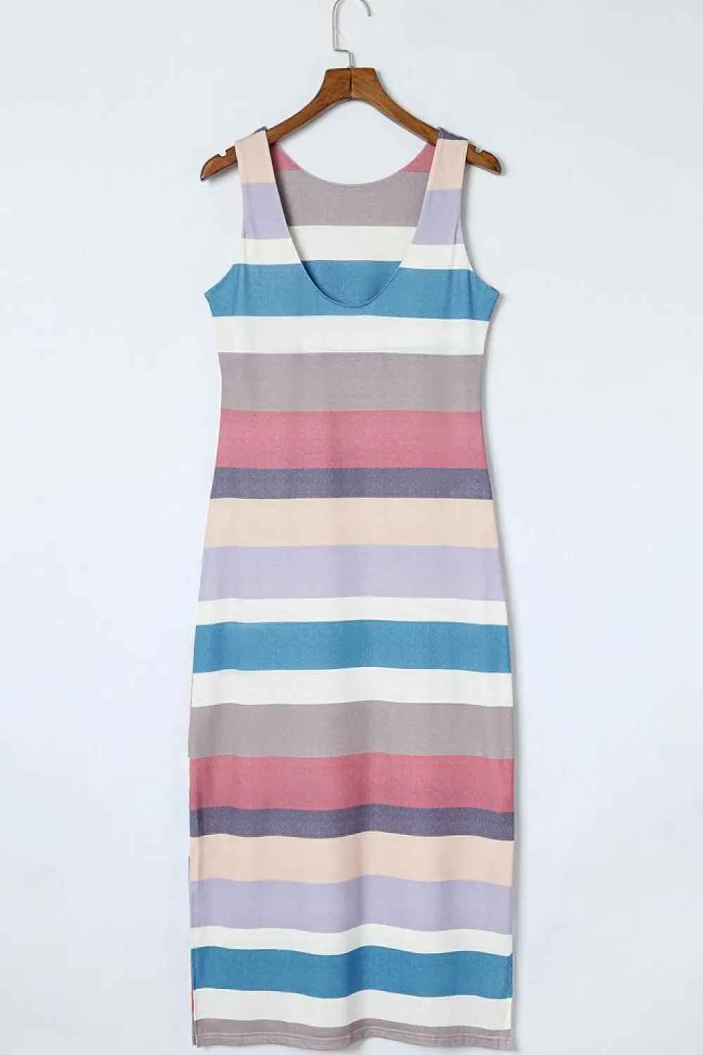 Sale Dear-Lover Stripe Print Slit Maxi Tank Top Dress Multicolor