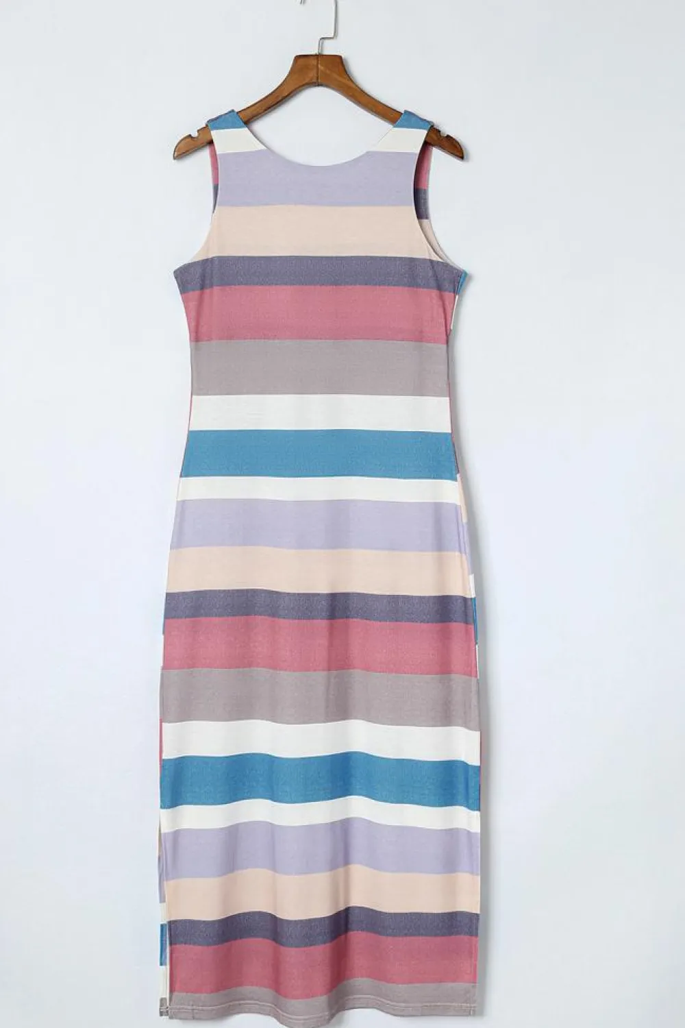 Sale Dear-Lover Stripe Print Slit Maxi Tank Top Dress Multicolor