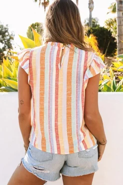 Fashion Dear-Lover Striped Color Block Ruffled O-neck Sleeveless Top Multicolor