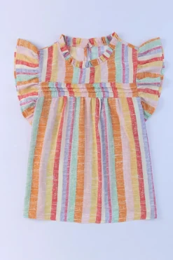 Fashion Dear-Lover Striped Color Block Ruffled O-neck Sleeveless Top Multicolor