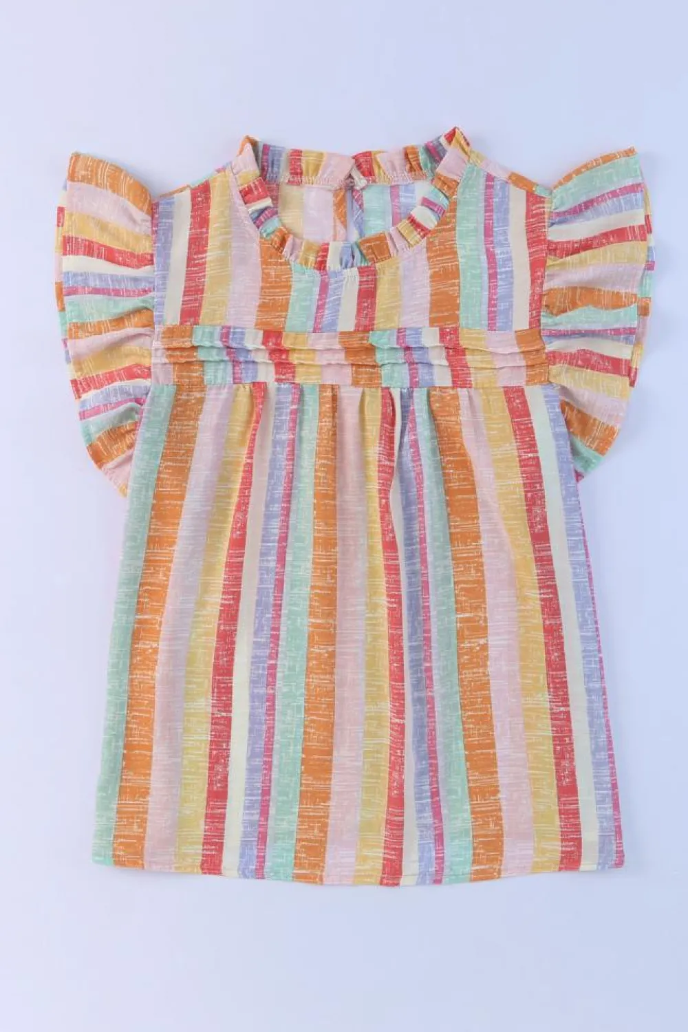 Fashion Dear-Lover Striped Color Block Ruffled O-neck Sleeveless Top Multicolor