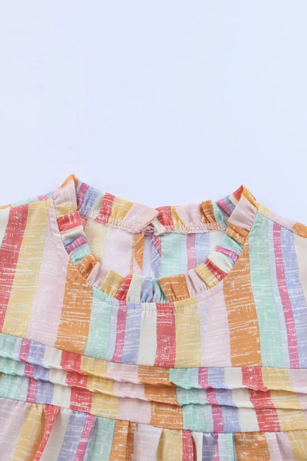 Fashion Dear-Lover Striped Color Block Ruffled O-neck Sleeveless Top Multicolor