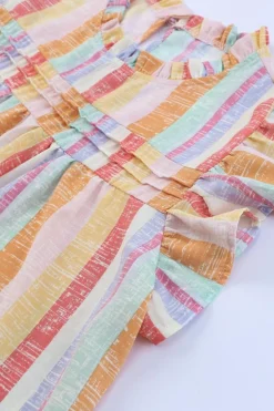 Fashion Dear-Lover Striped Color Block Ruffled O-neck Sleeveless Top Multicolor